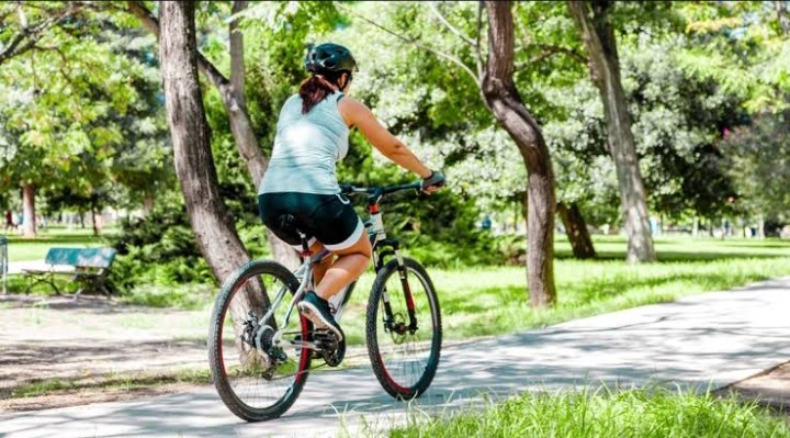 A woman biking